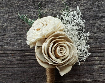 Sola wood flower boutonniere,  bark flower,  groom boutonniere