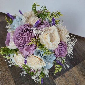 Purple and blue wood flower bouquet, light blue and lilac wooden bride bouquet, lavender and baby blue wedding image 4