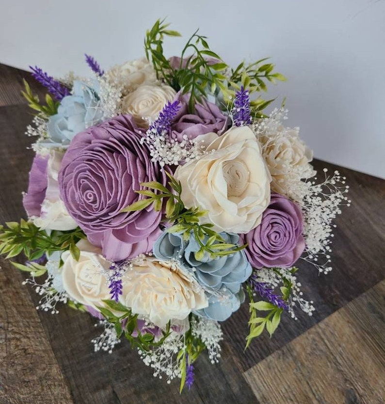 Purple and blue wood flower bouquet, light blue and lilac wooden bride bouquet, lavender and baby blue wedding image 4