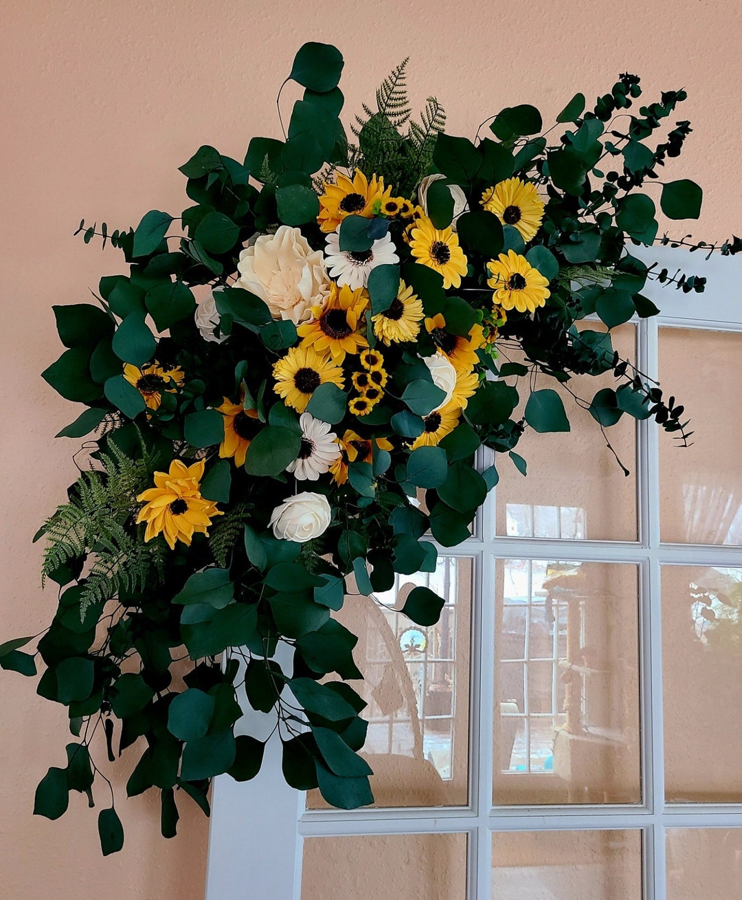 Sunflower Wedding Arbor Swag, Wood Flower Arch Decor, Fall Flowers With