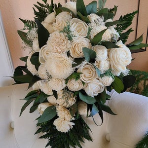 Cascading bridal bouquet,  white cascade,  sola flower bouquet with dark emerald green,  cascade with ferns