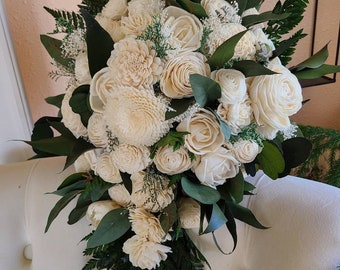 Cascading bridal bouquet,  white cascade,  sola flower bouquet with dark emerald green,  cascade with ferns