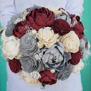 Burgundy and Grey Bouquet, Sola Flower Bouquet, Wooden Bouquet, Wine and Grey Flowers