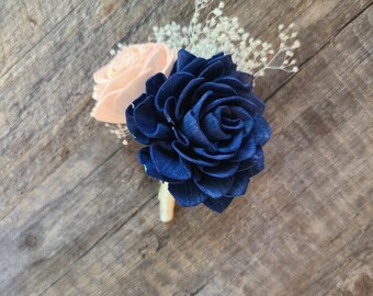 Dark Blue and Blush Boutonniere, Wooden Boutonniere, Dahlia Groom Boutonniere