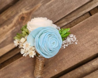 Light blue boutonniere,  hops boutonniere,  sola wood boutonniere