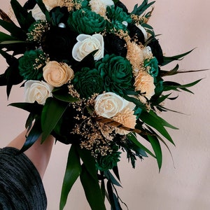 Glam Emerald Bridal Cascading Bouquet, Wood Flower Bouquet with Greenery, Ecofriendly Wedding Bouquet, Hunter Green, Black and Gold Flowers image 2