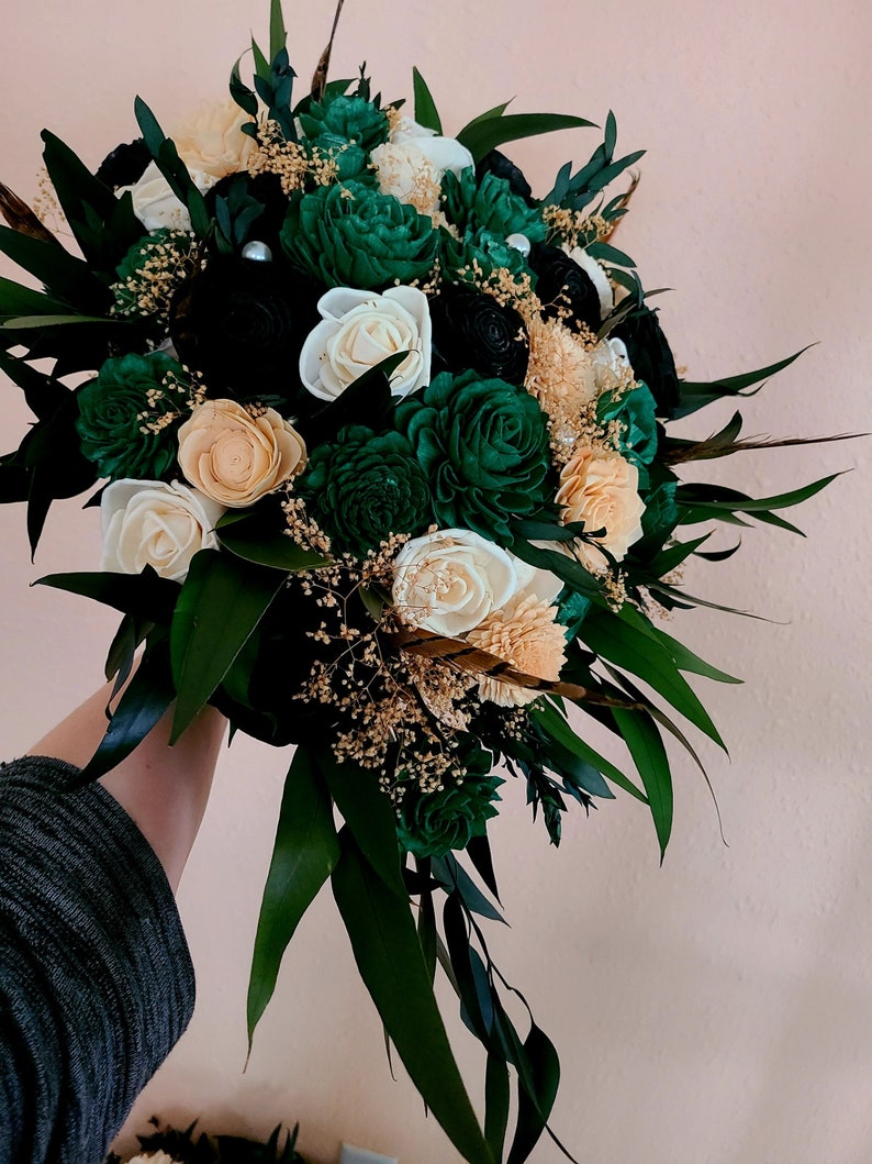 Glam Emerald Bridal Cascading Bouquet, Wood Flower Bouquet with Greenery, Ecofriendly Wedding Bouquet, Hunter Green, Black and Gold Flowers image 2