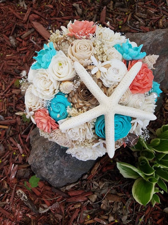 Sola Beach Bouquet, Coral and Turquoise Bouquet, Starfish Bouquet