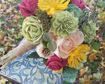 Wildflower Sola Bouquet, Wooden Flower Bouquet, Pink Flowers