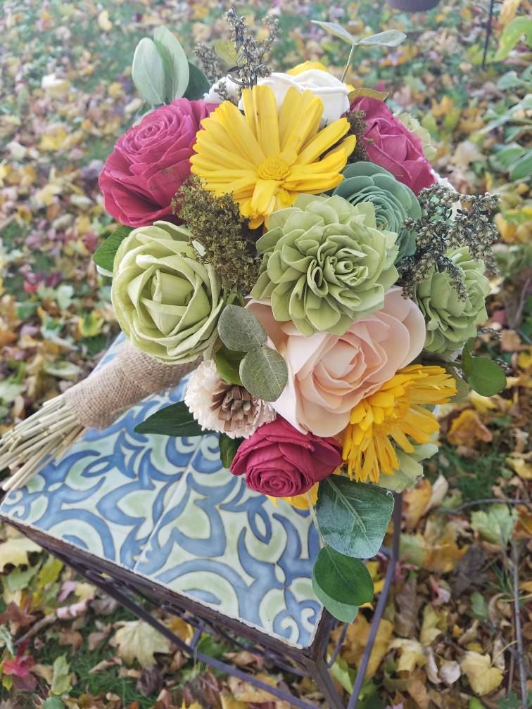 Wildflower Sola Bouquet, Wooden Flower Bouquet, Pink Flowers