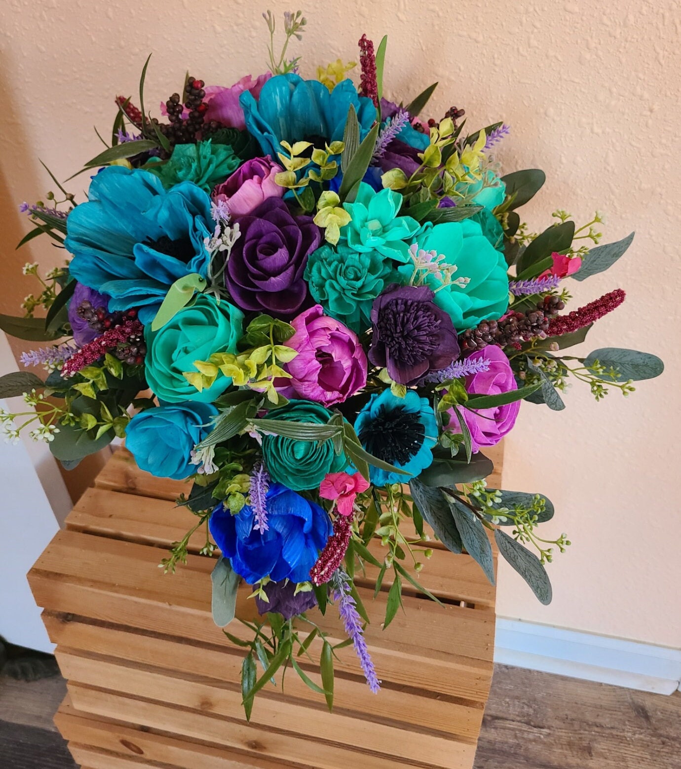 Jewel Tone Sola Flower Bridal Bouquet: Peacock Green & Purple Wedding ...
