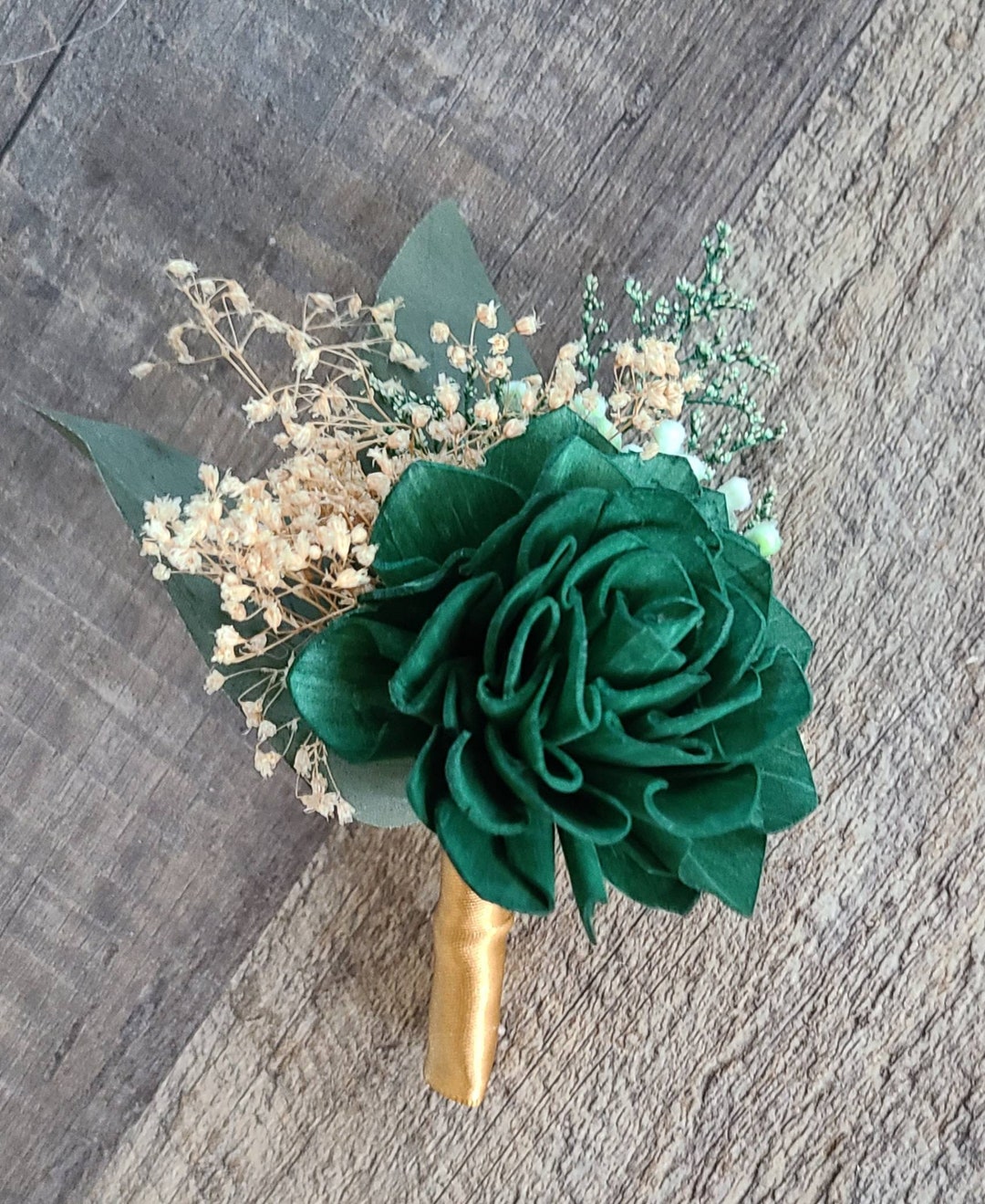 Dark Green and Gold Boutonniere, Emerald Dahlia Buttonhole, Groom and