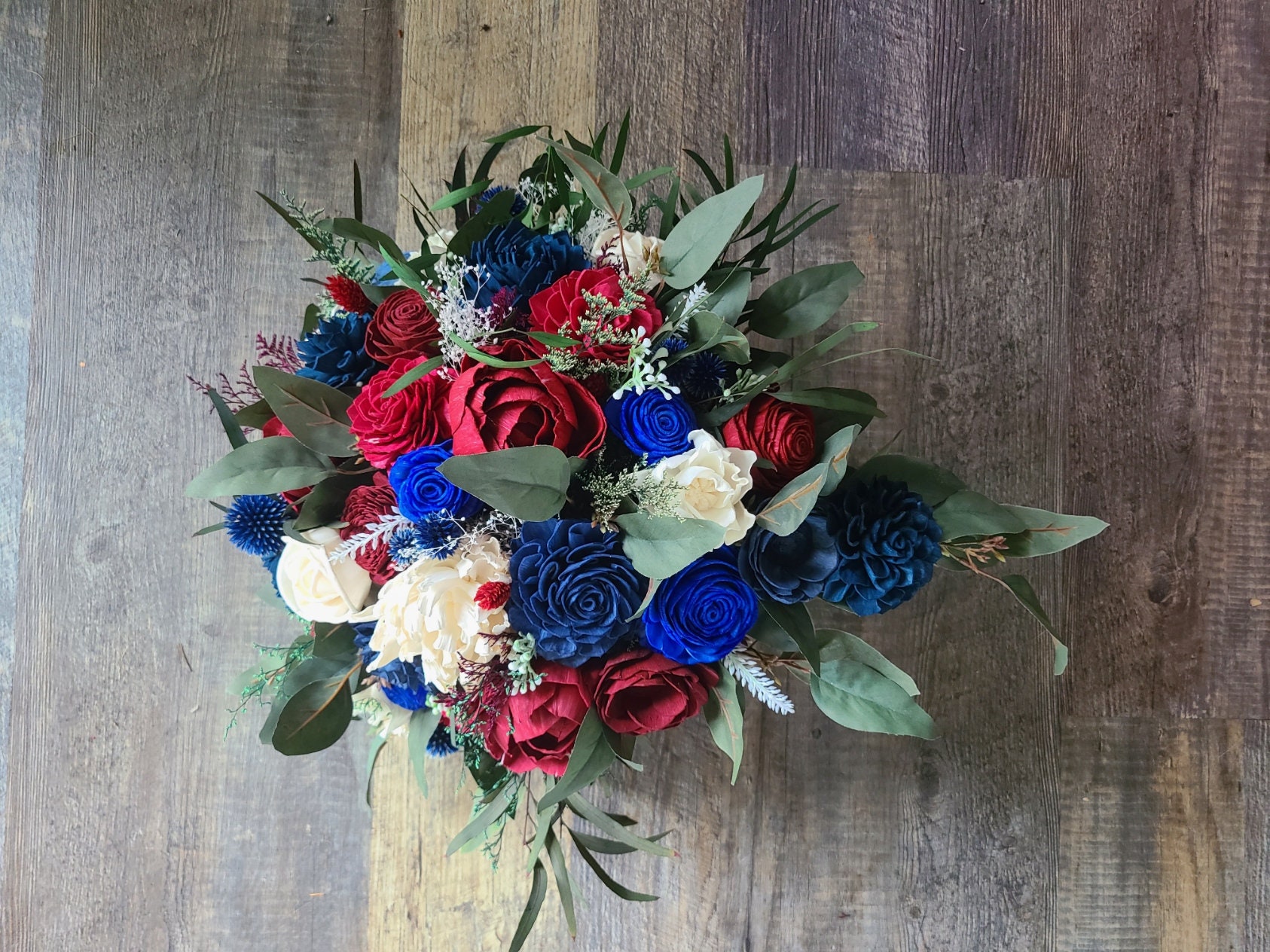 Red, White, and Blue Cascade Bouquet, Sola Wood Flower Bouquet