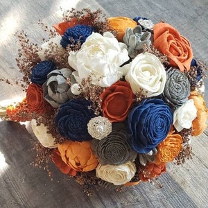 Orange and navy bouquet,  sola flower bouquet, rose gold babies breath