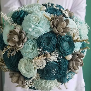 Teal and Baby Blue Wood Flower Bouquet, Dark Green Flowers, Bridal Wedding Bouquet