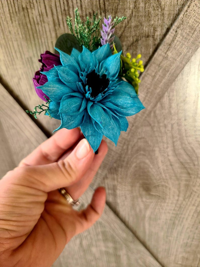 Jewel Tone Teal Blue Wood Flower Boutonniere With Lavender and Greenery ...