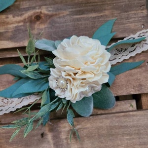 Ramillete de eucalipto blanco, ramillete de flores sola, flores de boda color marfil, ramillete de graduación brillante