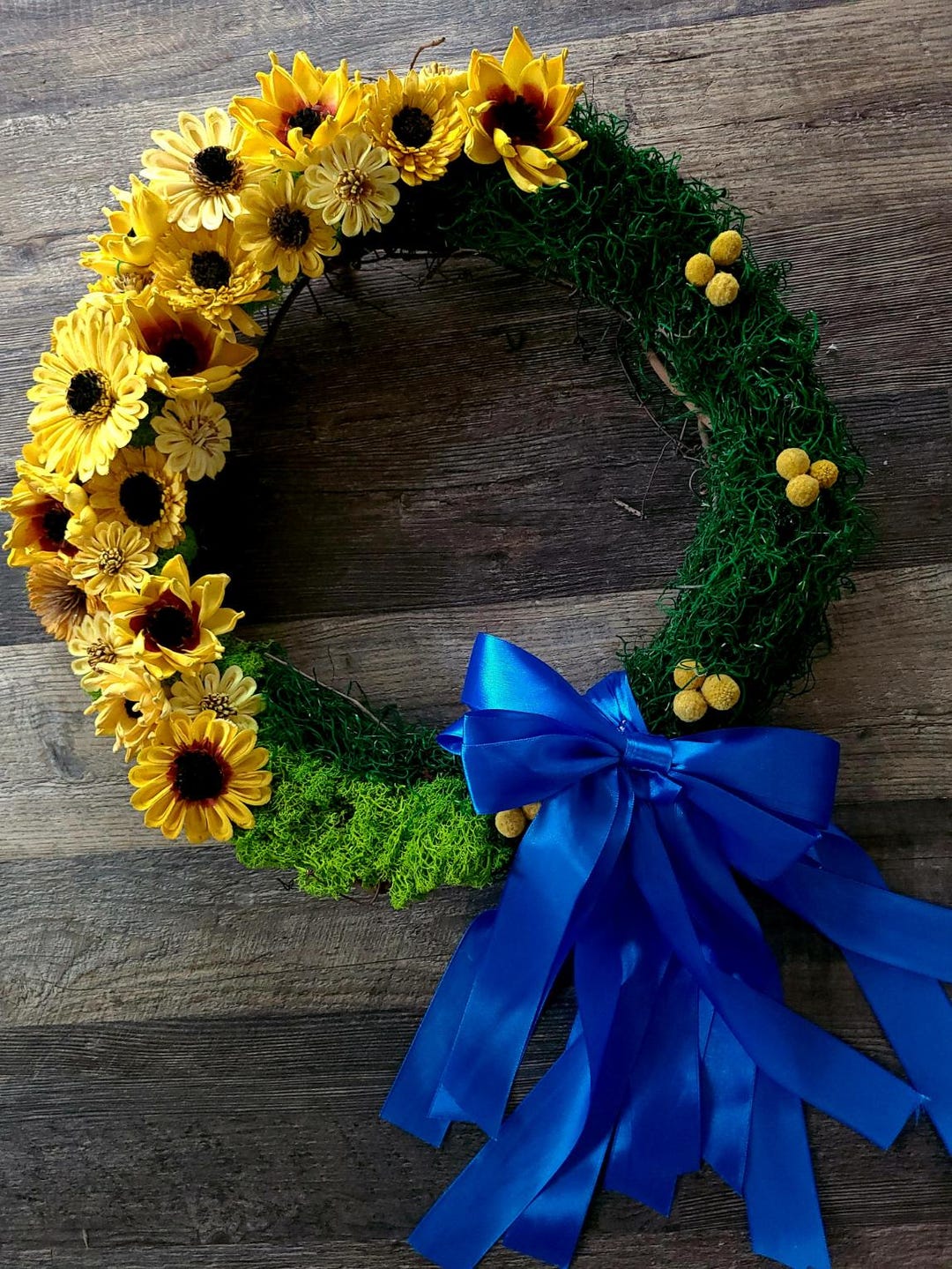 Blue and Yellow Sunflower Wreath With Moss, Ukraine Wreath - Etsy