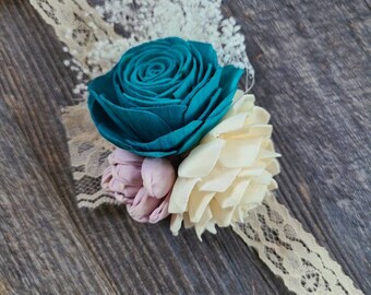 Teal wrist corsage, peacock wrist corsage, sola wood flower