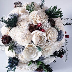 Wood bouquet,  Christmas bouquet,  evergreen bouquet,  sola flower bouquet,  wooden flower,  holiday wedding,  winter bouquet