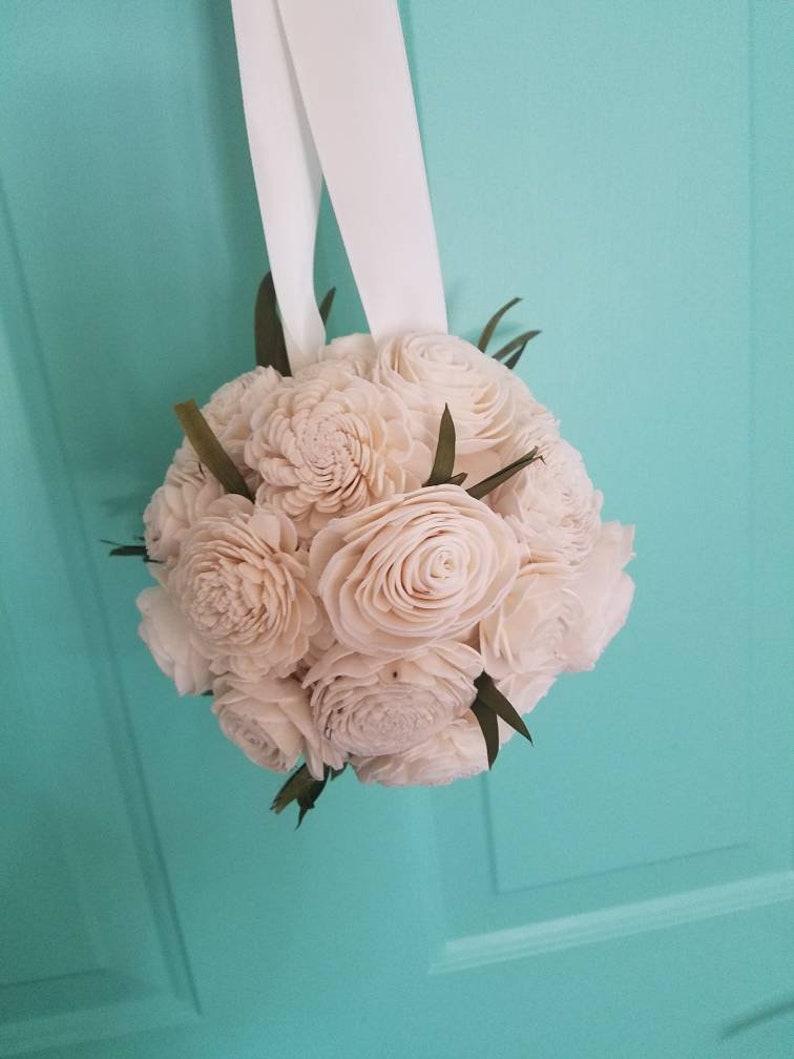 Ivory flower ball, kissing ball, sola flower, sola wood, sola hanging ball, flower girl, wedding flowers, classic wedding image 3