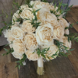 All Natural Ivory Wood Flower Bouquet with Choice of Greenery, Custom Wedding Bouquet, Wood Flower Bouquet