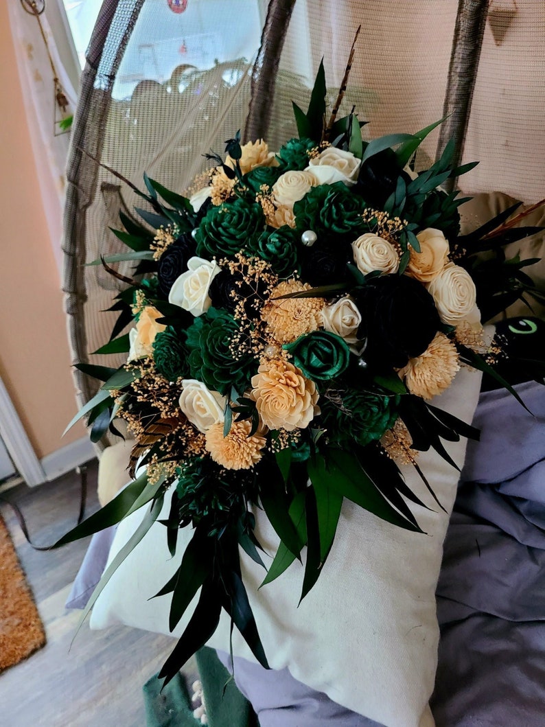 Glam Emerald Bridal Cascading Bouquet, Wood Flower Bouquet with Greenery, Ecofriendly Wedding Bouquet, Hunter Green, Black and Gold Flowers image 1