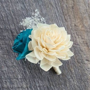 Teal and ivory boutonniere,  wooden flower, sola wood flower, groom boutonniere