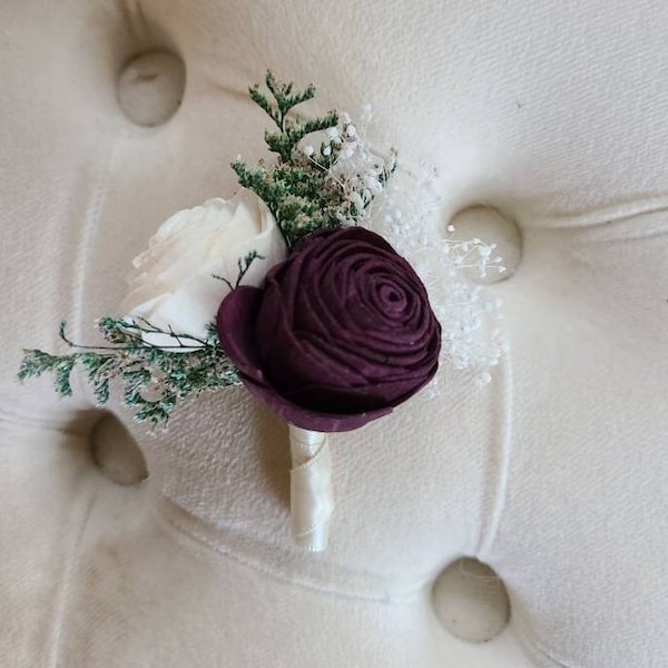 Plum and ivory boutonniere,  sola wood flower,  dark purple boutonniere