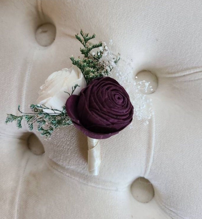 Plum and ivory boutonniere,  sola wood flower,  dark purple boutonniere