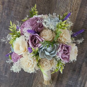 Purple and blue wood flower bouquet, light blue and lilac wooden bride bouquet, lavender and baby blue wedding image 3