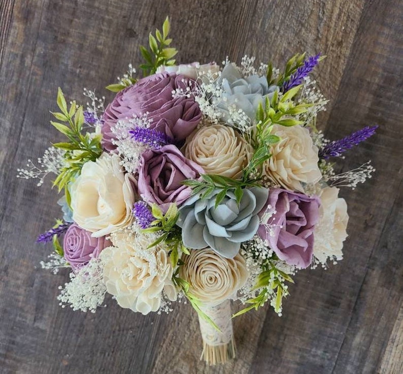 Purple and blue wood flower bouquet, light blue and lilac wooden bride bouquet, lavender and baby blue wedding image 3