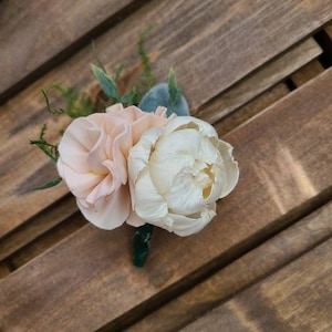 Ivory and blush boutonniere,  sola wood boutonniere,  peony boutonniere
