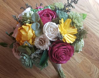 Wildflower Sola Bouquet, Wooden flower Bouquet, Pink Flowers, Yellow Flowers, Spring Bouquet