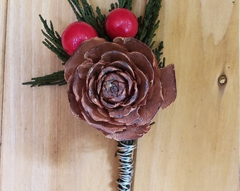 Pine Cone Boutonniere, Christmas Boutonniere, Evergreen Winter Wedding Flower