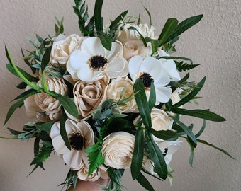 Anemone Bouquet, Wooden Wedding Flowers, Beige and Black Bouquet