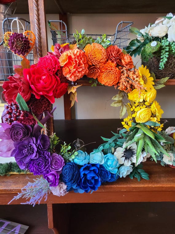 Rainbow Wood Flower Wreath, Pride Month Decor and Gifts - Etsy