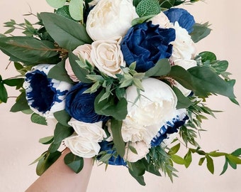 Navy and blush bouquet,  sola wood bouquet,  bouquet with greenery