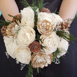 Winter Bouquet with Pine Cones and Evergreen, Sola Wood Flower Bouquet, Wooden Bouquet, Christmas Bouquet