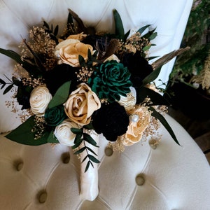 Hunter Green Glam wedding bouquet,  Emerald and Gold Wood Bouquet, Quinceneara Bouquet, Prom Bouquet, Winter Wedding, Christmas Bouquet