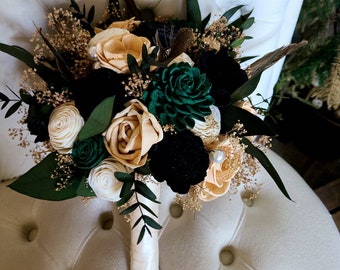 Hunter Green Glam wedding bouquet,  Emerald and Gold Wood Bouquet, Quinceneara Bouquet, Prom Bouquet, Winter Wedding, Christmas Bouquet