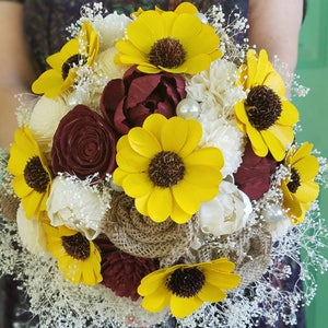Ramo de girasol, girasol de sola, girasol de madera, ramo de flores de madera, ramo rústico, ramo de otoño, burdeos y azul marino