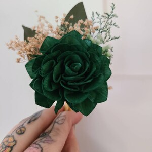 Dark Green and Gold Boutonniere, Emerald Dahlia Buttonhole, Groom and