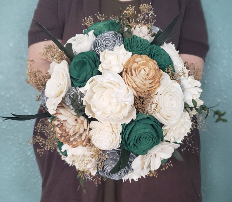 Hunter Green and Silver or Gold Bouquet, Bouquet with Dark Green and Gold, Emerald Green Flowers, Quinceneara Bouquet, Prom Bouquet image 3