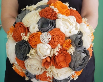 Orange and Grey Sola Wood Flower Bouquet, Fall Bouquet, Harvest Bouquet