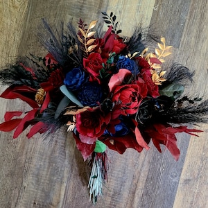 Gold, Navy blue, Wine Red, and Black Wood Flowers for Weddings, Moody Bouquet for Bride, Burgundy and Navy Blue Flowers