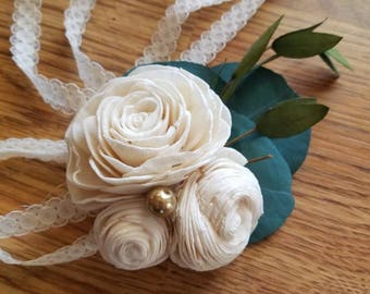 Sola flower corsage,  wooden rose corsage,  eucalyptus corsage,  wrist corsage,  ivory wedding corsage,  sola wood,  mother of the bride