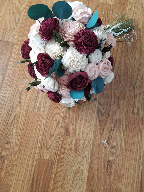 Burgundy Sola Flower Bouquet: Blush Roses & Eucalyptus - Etsy