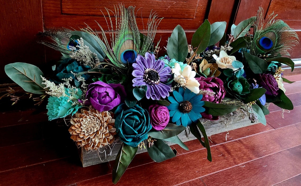 Peacock Theme Wood Flower Centerpiece Box Mantelpiece Decor image 1