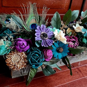 Peacock Theme Wood Flower Centerpiece Box, Mantelpiece Decor, Thanksgiving Table, Table Flower Arrangement, Purple and Teal Wood Flowers